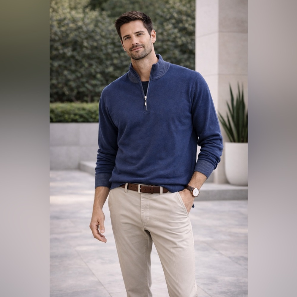 Neiman Marcus Deep Blue Zip-Up Sweater. B48